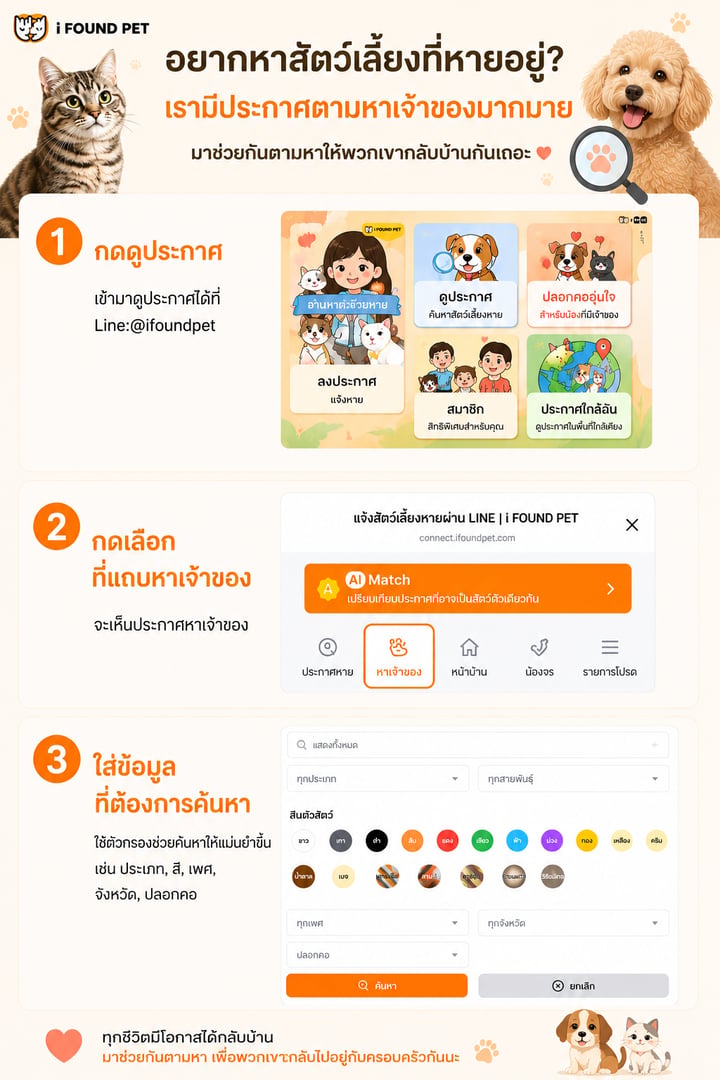 สัตว์เลี้ยงหาย 
ยังหาไม่เจอ
เข้ามาดูประกาศตามหาเจ้าของได้ที่ LINE:@i...