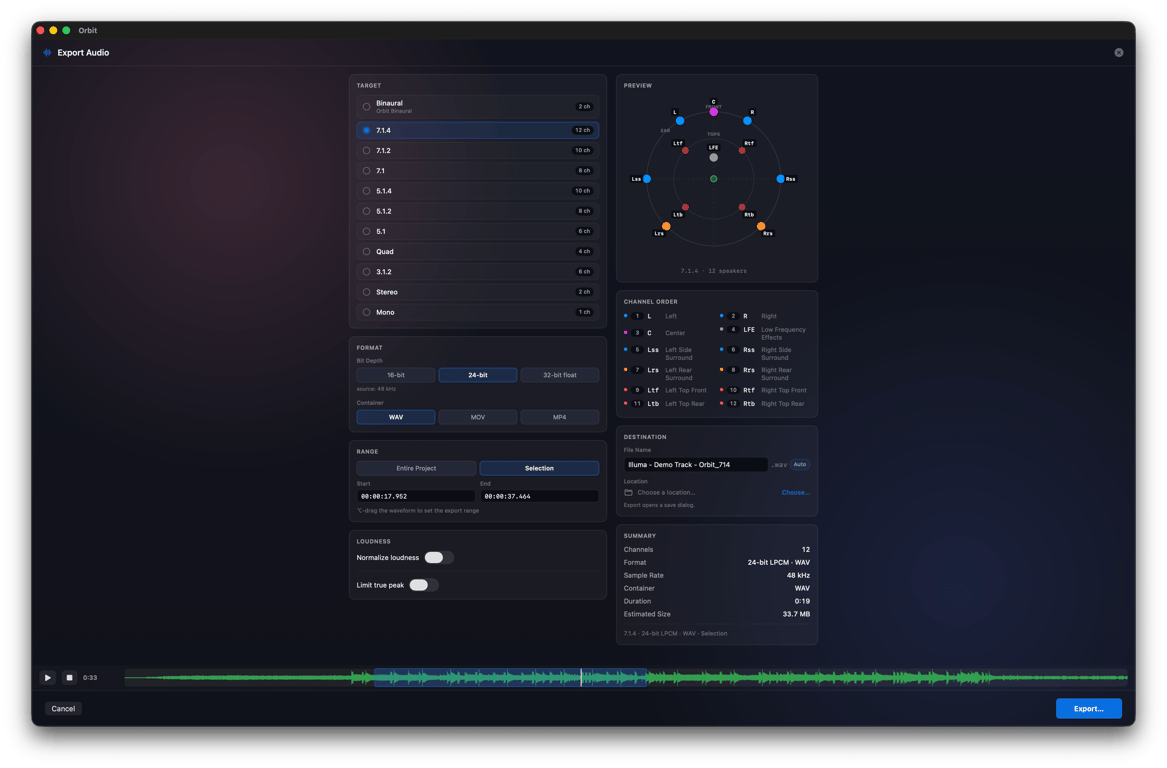 Orbit 1.5.3 beta — the new Export Audio window with speaker layouts up to 7.1.4