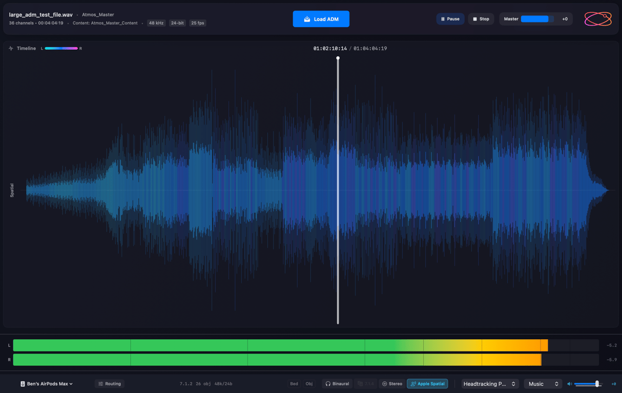 Orbit Lite ADM player for macOS showing waveform display and immersive audio playback