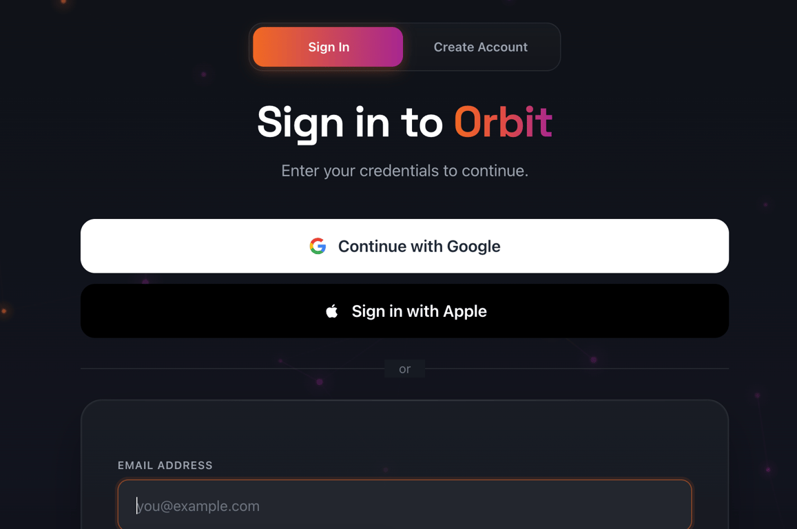 Orbit login page showing Continue with Google and Sign in with Apple buttons