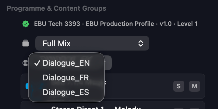 Orbit's in-line dub-track picker in the ADM sidebar, listing the dialogue language variants declared in the file