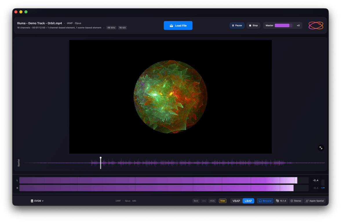 Orbit Lite 1.2.0 welcome screen — open an ADM or IAMF file, now with video