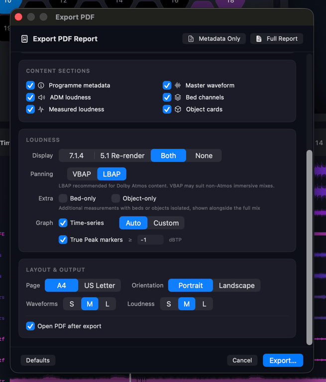 The new PDF export dialog in Orbit Standard
