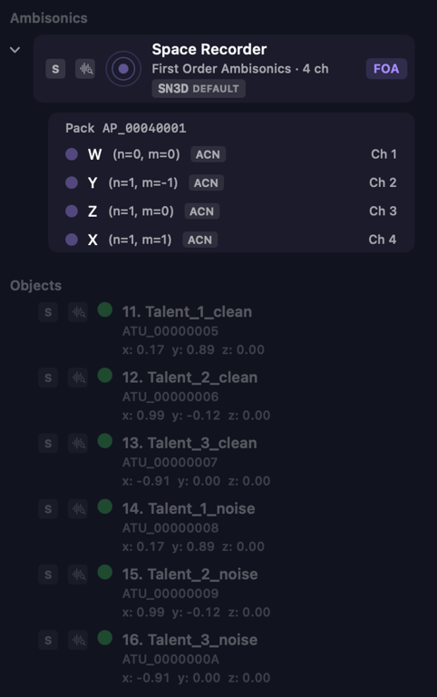 Orbit sidebar showing Ambisonics group with normalisation badge, audioPackFormatID, and per-channel source tags