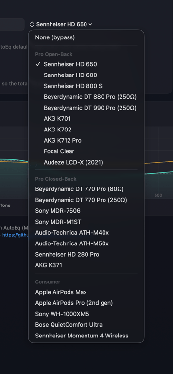 The Headphone EQ preset picker in Orbit 1.4, showing a searchable list of supported headphone models