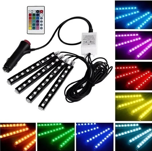 Tira Luces Interior Auto Led Rgb Multicolor Audioritmica 12v Encendedor Negro Rgb