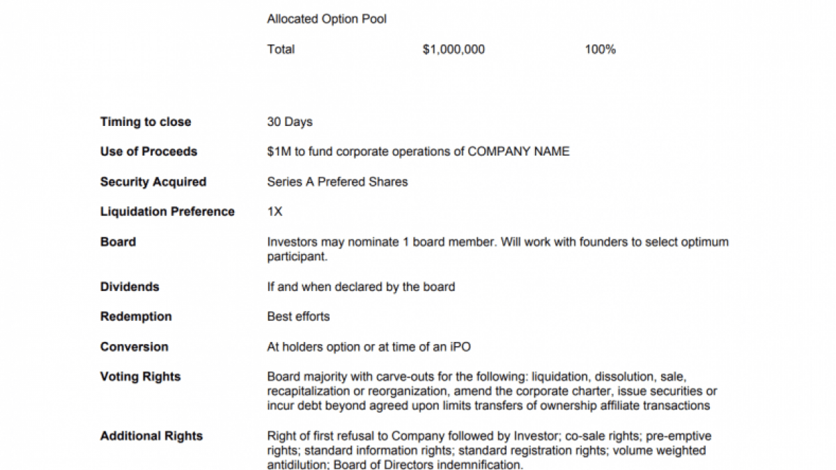 Term sheet example