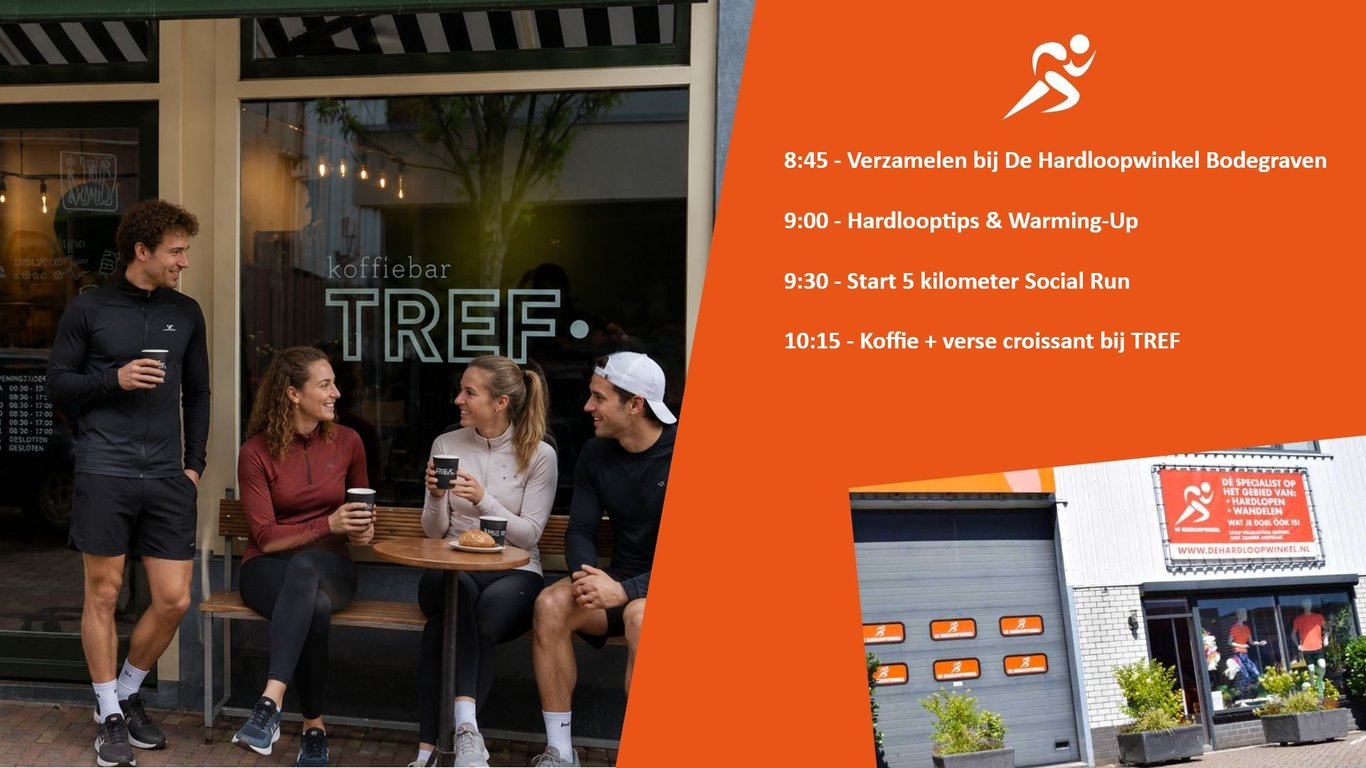 Mensen die koffie drinken bij TREF van de social run van de hardloopwinkel