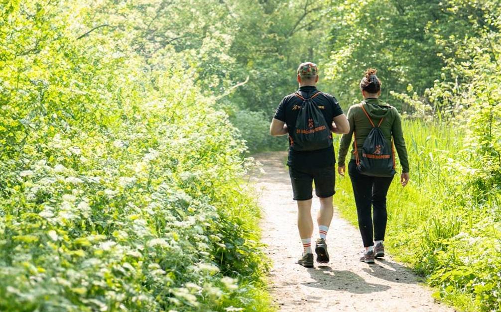 Wandelaars in het bos met de juiste wandelschoenen