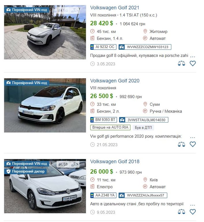 Цены на Volkswagen Golf на украинском рынке.