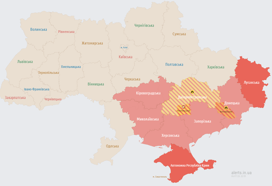 Карта повітряних тривог увечері 6 липня
