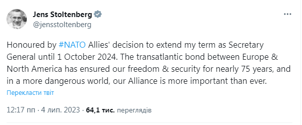 Єнс Столтенберг залишився на посаді генсека НАТО
