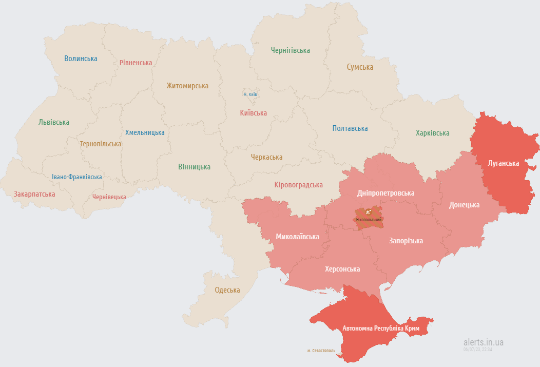 Карта повітряних тривог увечері 6 липня
