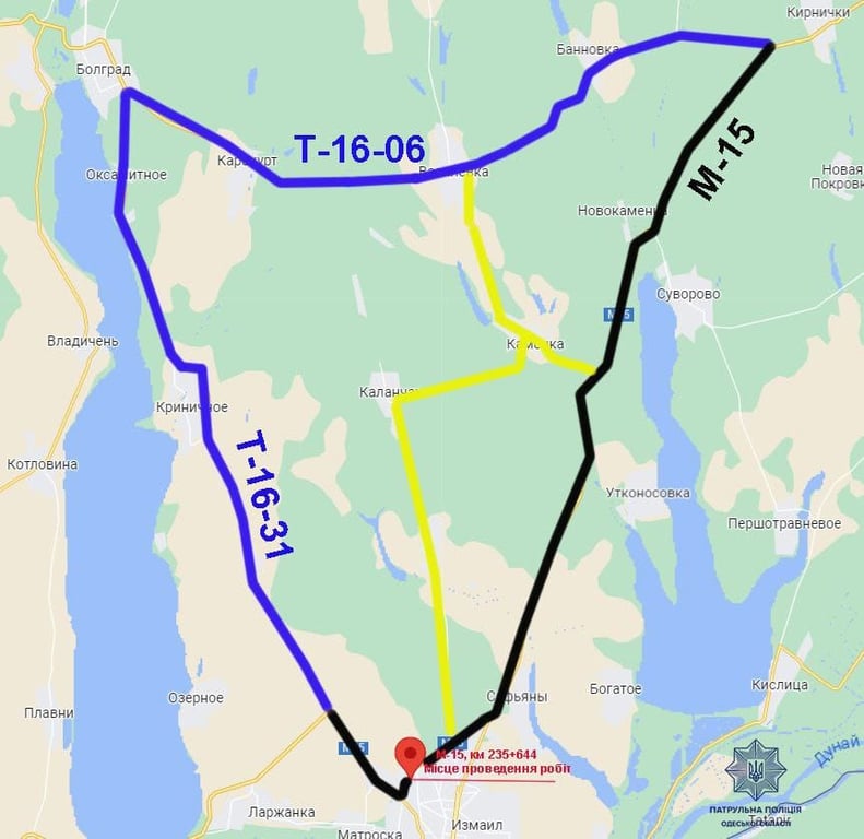 Схема движения на трассе Одесса – Рени. Фото: Патрульная полиция Одесской области.