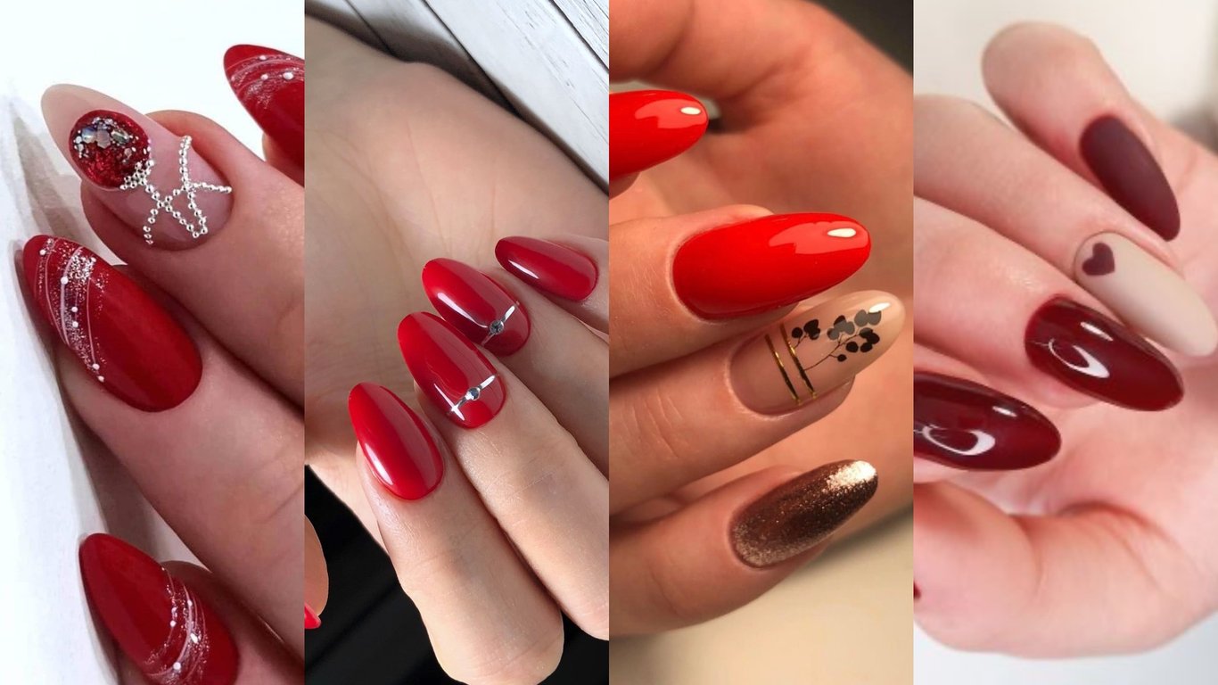 Красный маникюр на день святого Валентина.