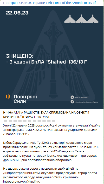 Повітряні сили про "Кинджали" над Дніпропетровщиною