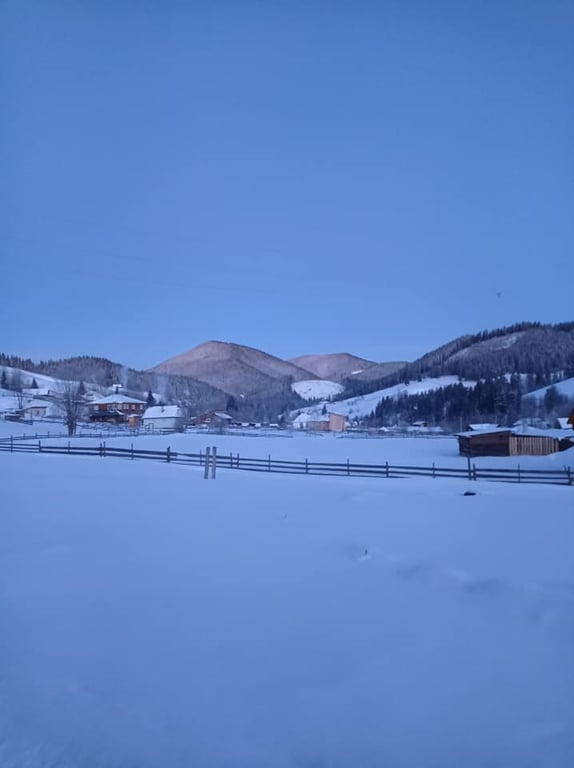 Снег и мороз в горной деревне на Буковине