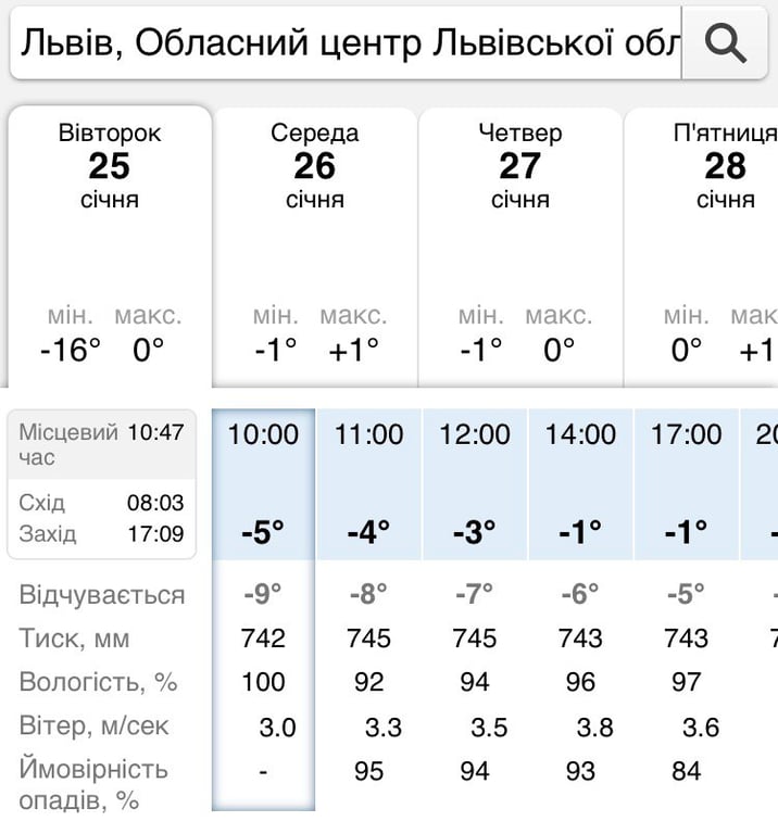 Погода Львів, 25 січня