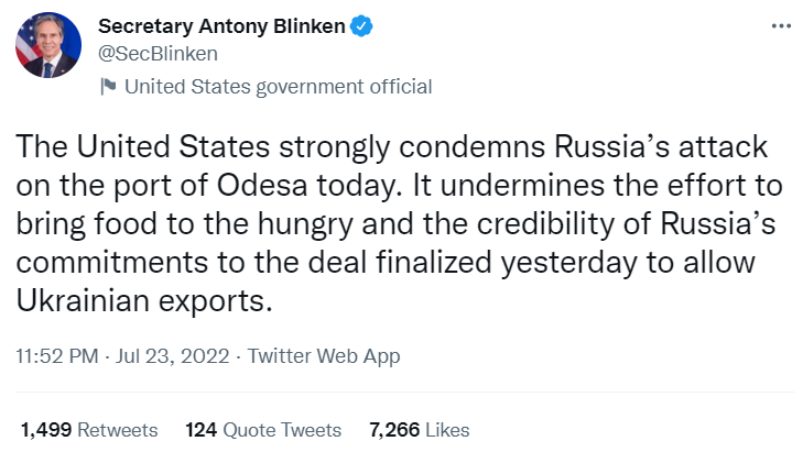 Держсекретар США Ентоні Блінкен прокоментував атаку на порт Одеси