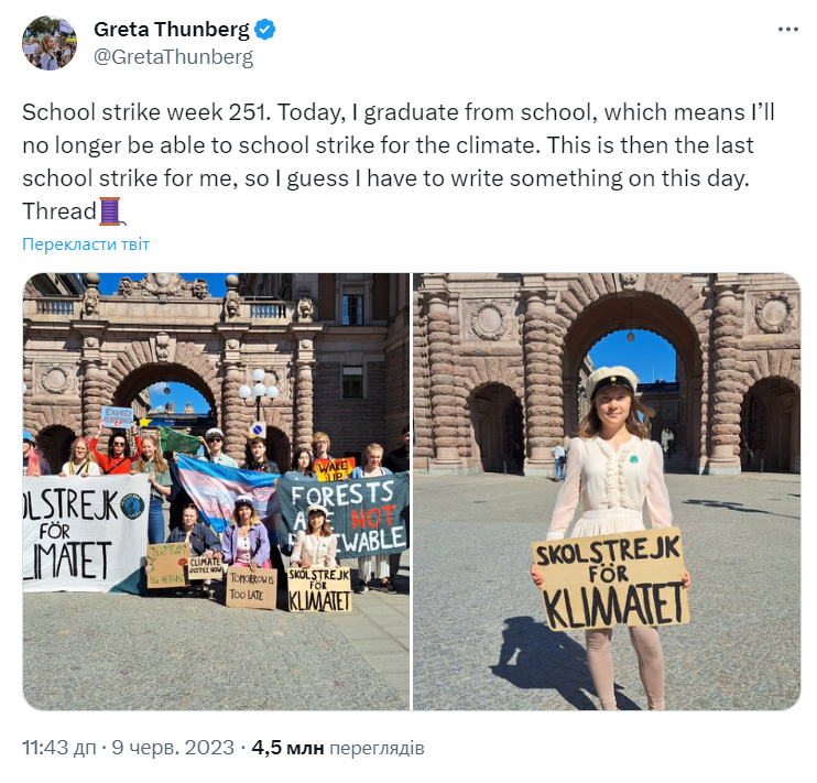 Допис Грети Тунберг про шкільний страйк у Стокгольмі. Фото: twitter.com/GretaThunberg