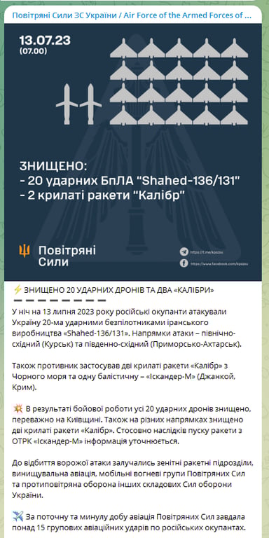 Повітряні сили про нічну атаку росіян 13 липня 2023 року