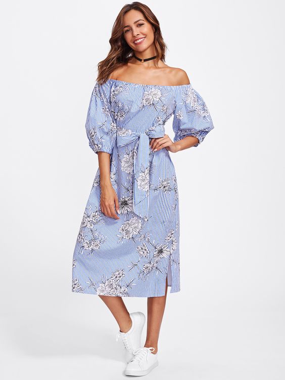 Летнее платье с открытыми плечами.