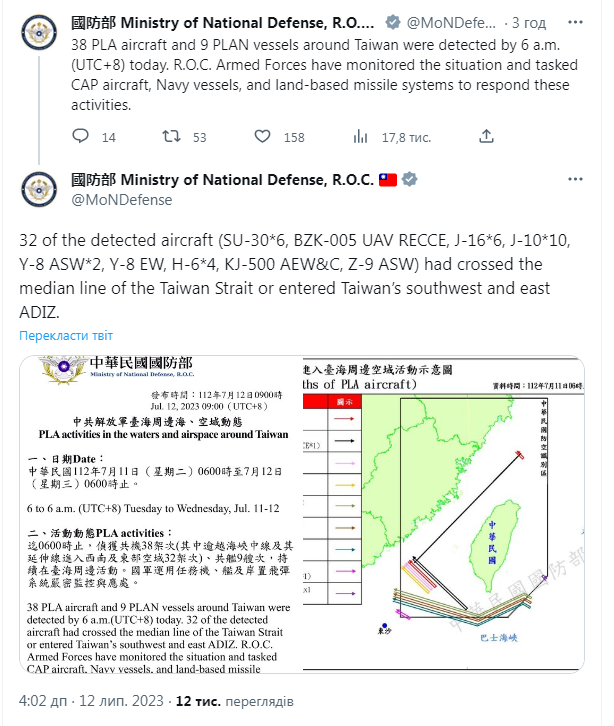 Міноборони Тайваню про провокацію КНР