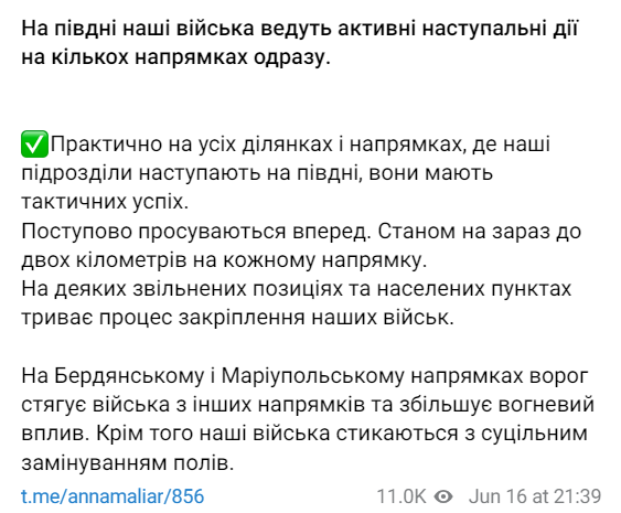 Ганна Маляр про ситуацію на фронті станом на 16 червня. Фото: t.me/annamaliar