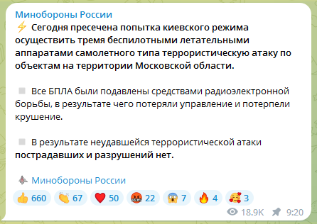 Коментар міноборони Росії про дрони у Підмосков'ї