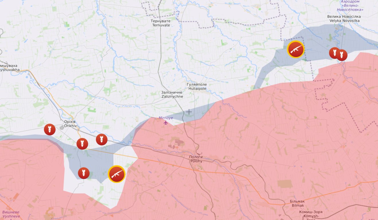 Карта бойових дій на Запорізькому та Бердянському напрямках від Liveuamap