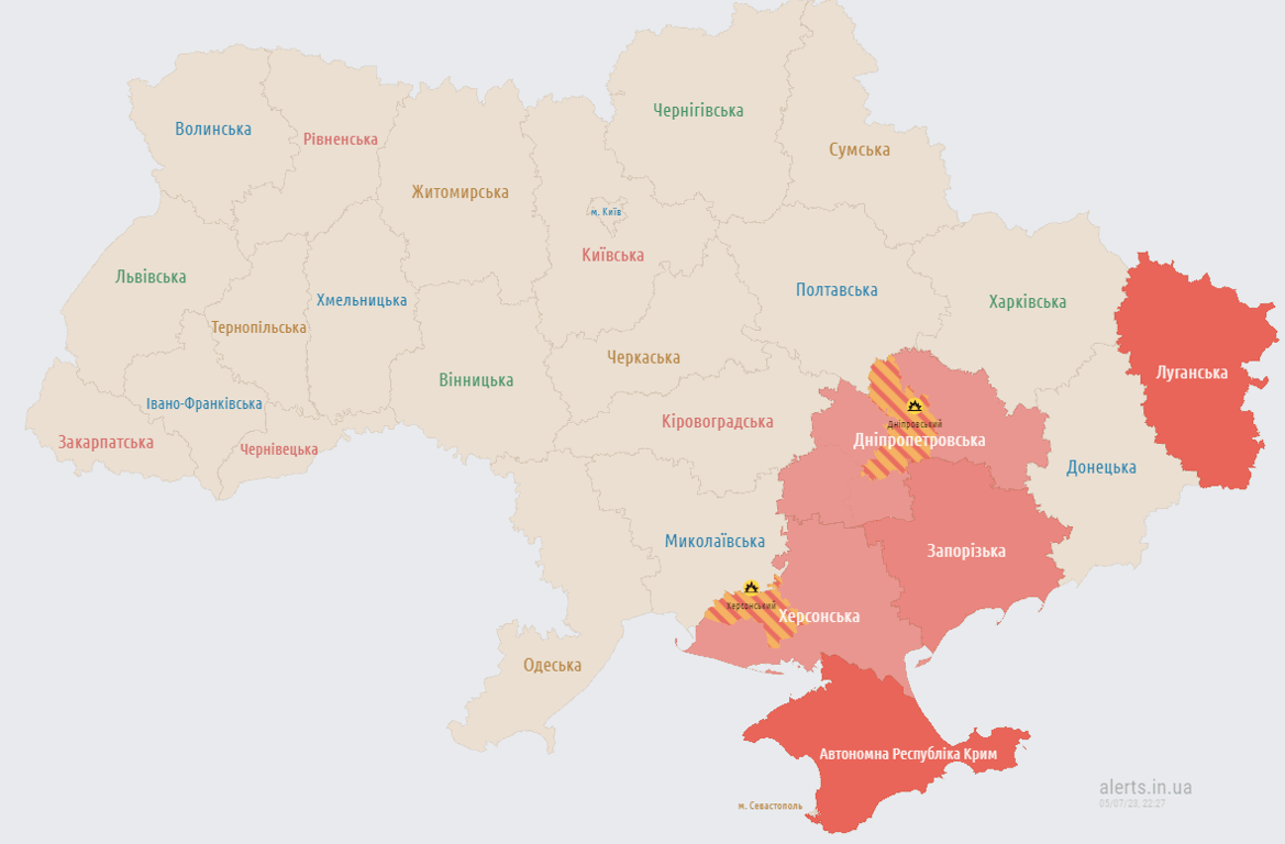 Карта повітряних тривог увечері 5 липня