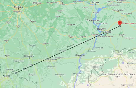 Відстань від станції Похвістнєво до території України