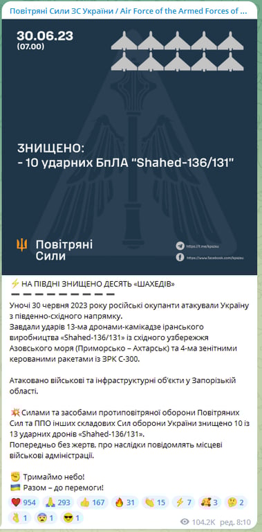 Повітряні сили про нічну атаку дронів