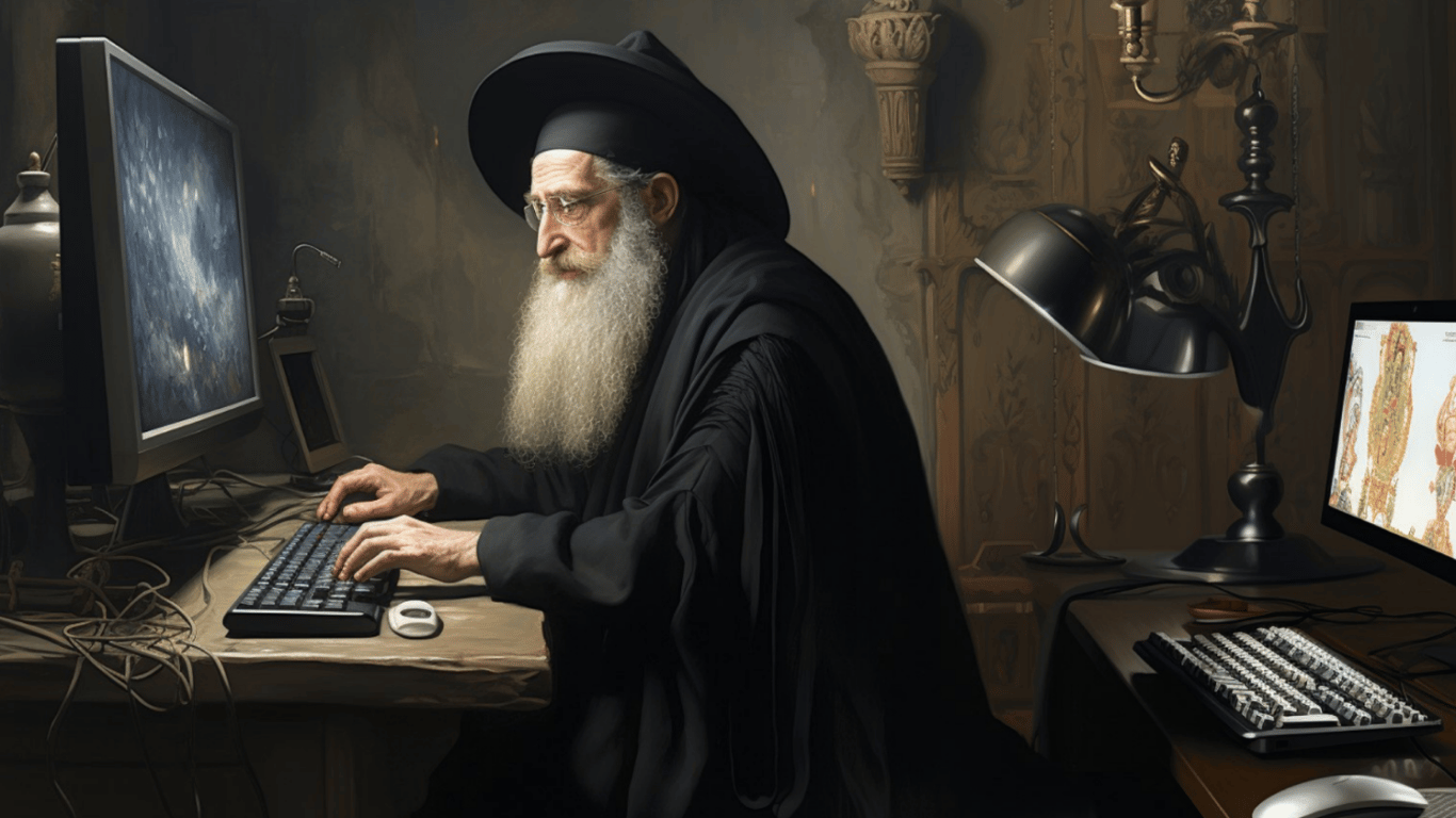 Хасид, який сидить перед монітором комп'ютера