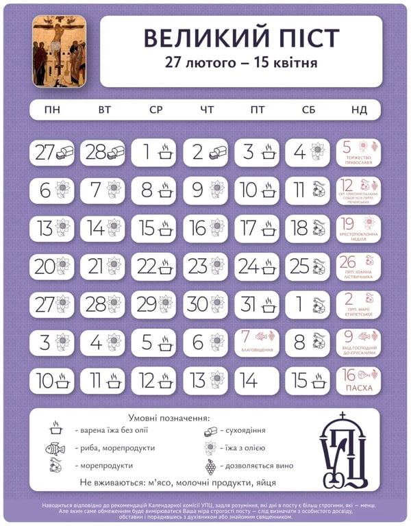 Календар харчування на Великий піст