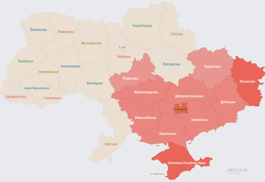 Карта повітряних тривог увечері 6 липня