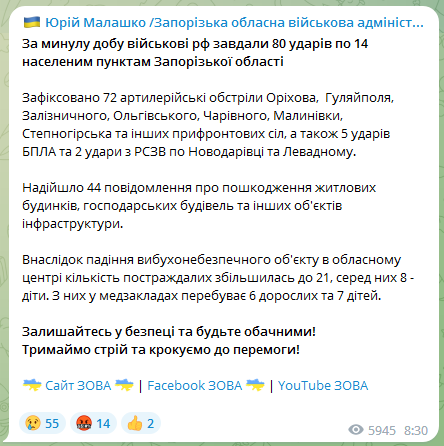 Малашко об обстрелах Запорожской области