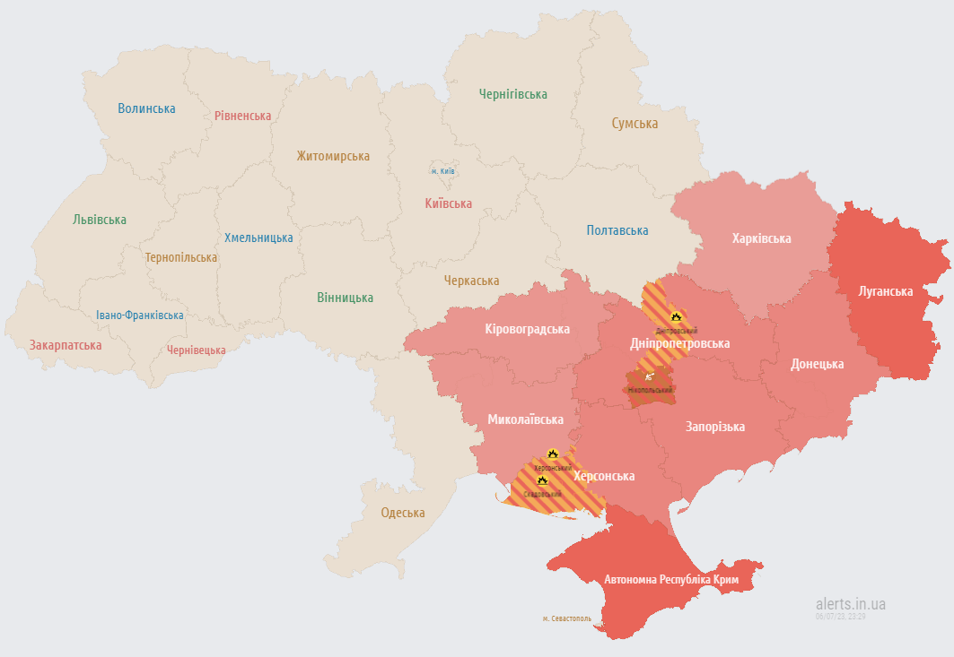 Карта воздушных тревог вечером 6 июля