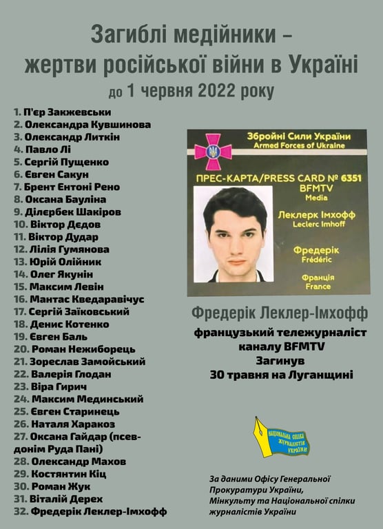 32 журналісти загинуло на війні в Україні