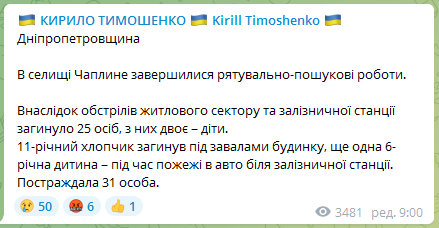 Загальна кількість загиблих у Чаплиному