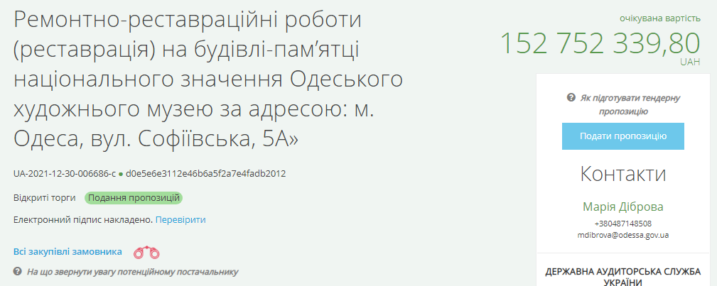 Тендер на ремонт Одесского худмузея - работы оценили в 160 миллионов