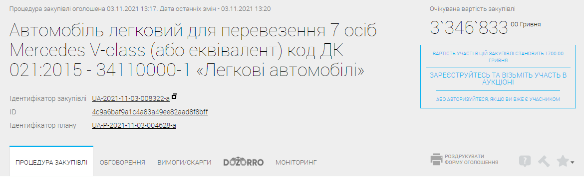 В Одесі облрада оголосила тендер на покупку мінівена за 3,3 млн грн