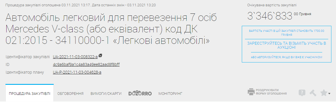 В Одесі облрада оголосила тендер на покупку мінівена за 3,3 млн грн