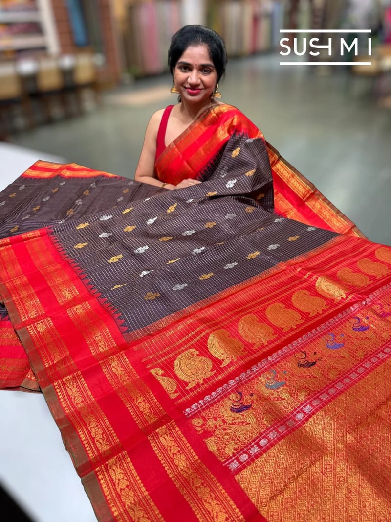 Chocolate Brown & Red Pure Handloom Gadwal Silk Saree
