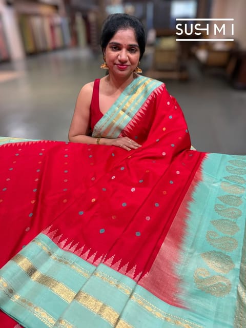 Chilli Red & Mint Green Pure Handloom Gadwal Silk Saree
