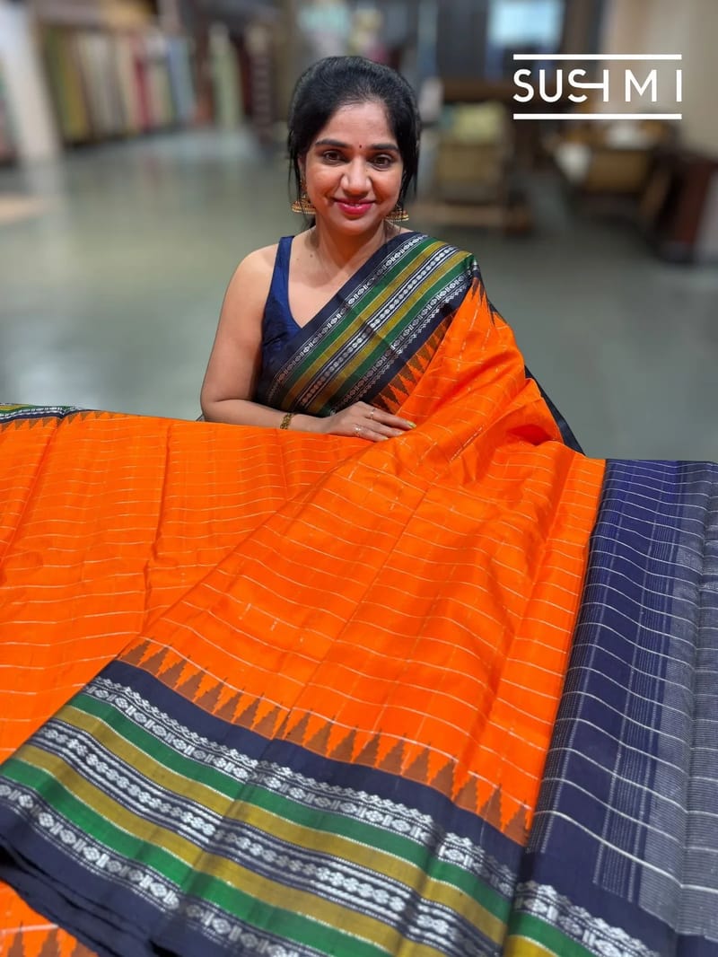 Fanta Orange & Midnight Blue Pure Handloom Gadwal Silk Saree
