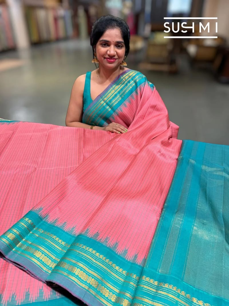 Coral Pink & Teal Pure Handloom Gadwal Silk Saree