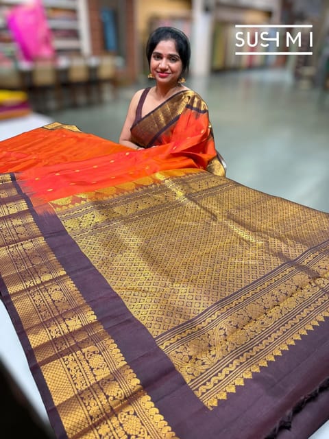 Rust Orange & Chocolate Brown Combo Pure Handloom Gadwal Silk Saree