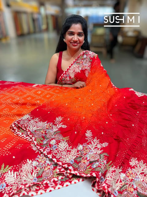 Banarasi Rai Bandhej Saree with Heavy Embroidery