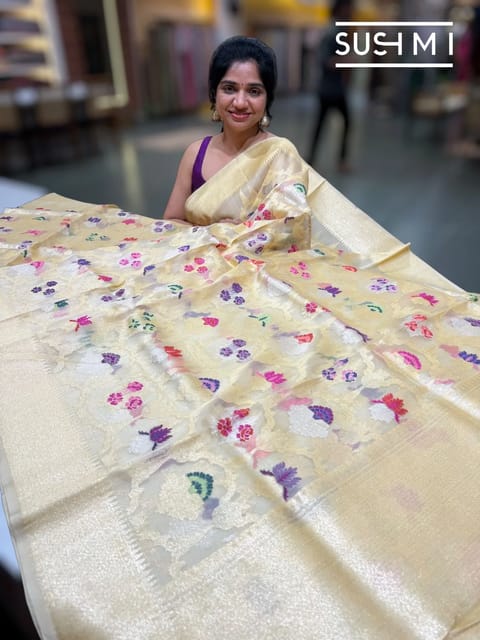 Beige Real Zari Kora Jamdani Weaving Saree